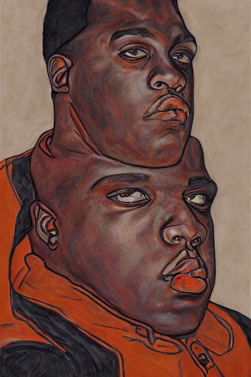 Image similar to a portrait of biggie smalls in style of egon schiele, masterpiece, hyperdetailed, complex, intricate, old school, 9 0 s, notorious b. i. g. style, 4 k, trending on artstation