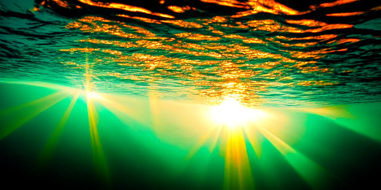 Image similar to photo of a sunset taken from underwater, rays of sunlight refract and glimmer through the water, caustics