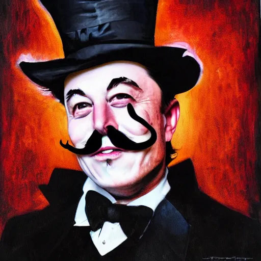 Prompt: elon musk as the grim-hatter with evil mustache grinning, cinematic, dark oil paint, realistic flavor, decaying rich colors!, photograph by tesla
