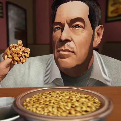 Image similar to jc denton from deus ex eats cereal at a table near liberty island, high quality, photorealistic, highly detailed, 4 k, hd