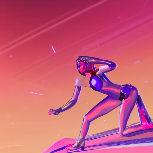 Image similar to A wide angle shot from below of a feminine body walking with swagger towards camera on mars in an infinite universe , synthwave digital art