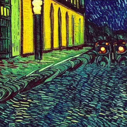 Image similar to light pole at night. nostalgic. bike. empty road. van gogh style. dark colors. high contarst light