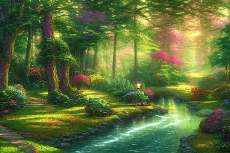 Prompt: a lush forest in the style of thomas kinkade,