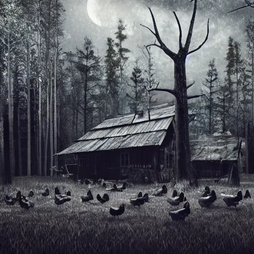 Image similar to an old wooden house standing on giant chicken legs. dark forest of dead trees. night. moonlight. mystery. thrill. photorealistic. hyper detailed. cinematic. epic composition