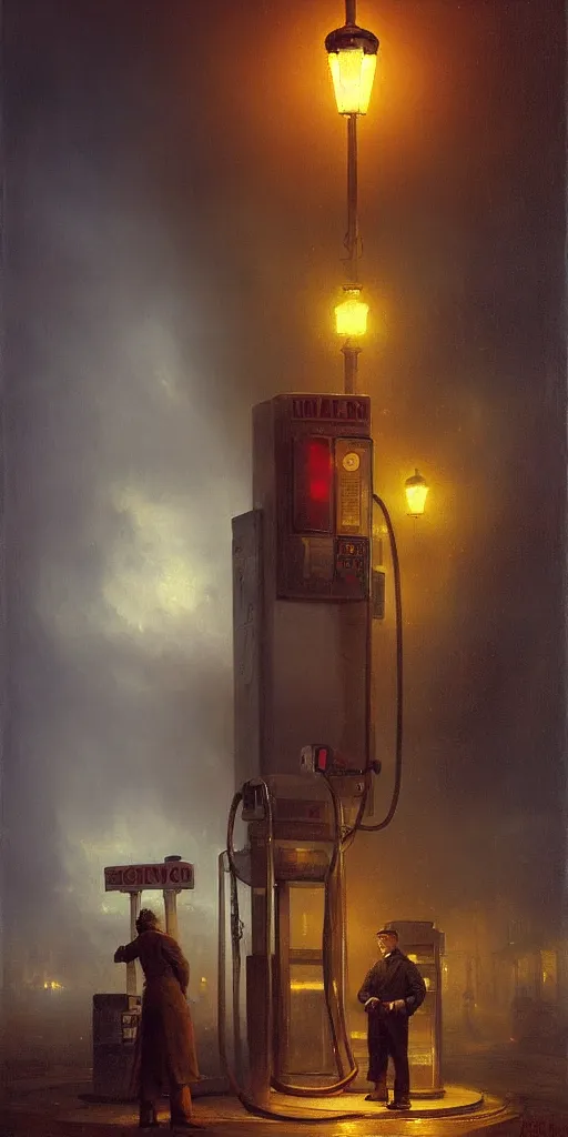 Image similar to a gas station in 1 9 4 0 with yellow and red light in the middle of the night, a men stand up next to the pump, mystical blue fog, oil on canvas, art by andreas achenbach, clemens ascher, tom bagshaw and sabbas apterus,