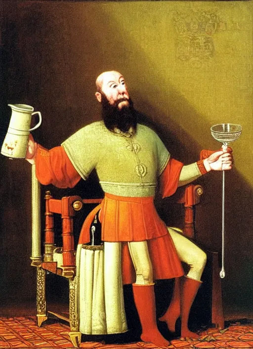 Image similar to king on a throne with a water - filled tankard in his hand in the style of michael sowa
