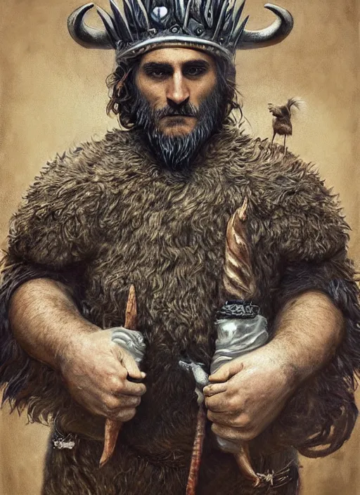 Image similar to a hyper detailed painting of joaquin phoenix with a viking crown, cow horns, pig nose, sheep wool, chicken feather armor, horror, by anna podedworna, by miklos ligeti, by diego maricato, by taran fiddler, by antonino truisi, by chris reddie, by jinsung lim, trending on artstation