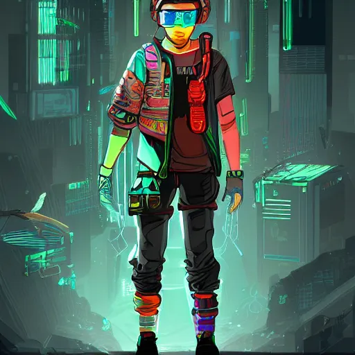 Image similar to in the style of ghostshrimp and bubbltek a highly detailed character concept illustration of a young mixed race male explorer wearing a cyberpunk headpiece