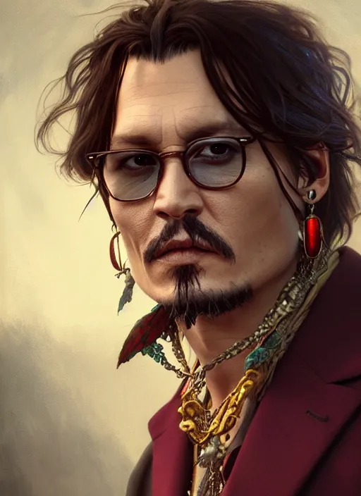 Prompt: highly detailed vfx portrait of johnny depp unreal engine, chrome reflect, greg rutkowski, tom bagshaw, alphonse mucha, global illumination, detailed and intricate environment