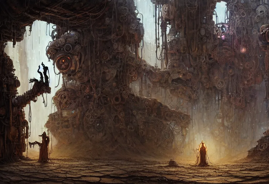 Prompt: A human in shamanistic robes performs a magical ritual to resurrect a mechanical horse inside a ancient steel ruins are covered with barchans of sand. Art by Finnian MacManus, Simon Stalenhag, Arthur Rackham. Masterpiece, closeup, fantasy art, cinematic, hyperdetailed, photorealistic, cyberpunk, postapocalyptic, steampunk, hyperrealism, octane render, 8k