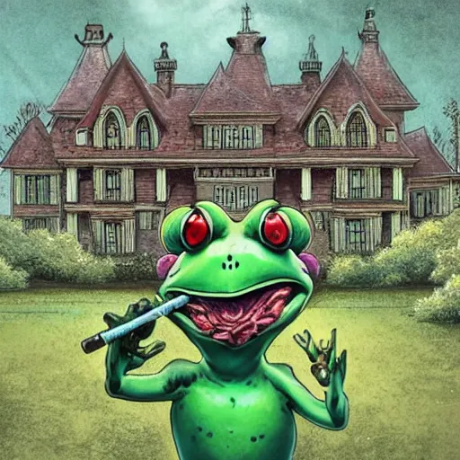 Image similar to A portrait of a scary godlike anthropomorphic frog smoking a cigarette , mansion made of mushrooms in background . award winning. superb resolution. in the art style of junji Ito and greg rutkowski . Detailed Mushroom city in background. Hyper realistic anime. Perfect art. Dalle2