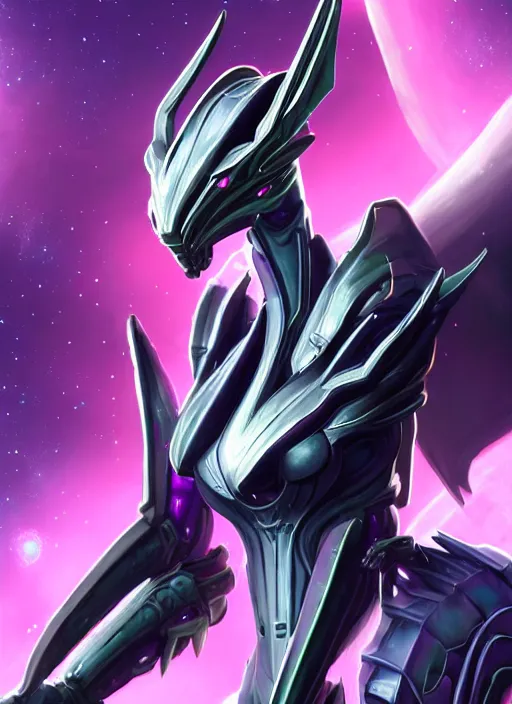 Image similar to cinematic full body, cosmic sized beautiful stunning giant robot mechan hot female dragon goddess, sharp sleek cyborg dragon head, sharp metal ears, smooth purple eyes, smooth fuschia skin, smooth silver armor, nebula, epic proportions, epic scale, macro furry, furry art, dragon art, goddess art, giantess art, warframe, warframe fanart, furaffinity, octane