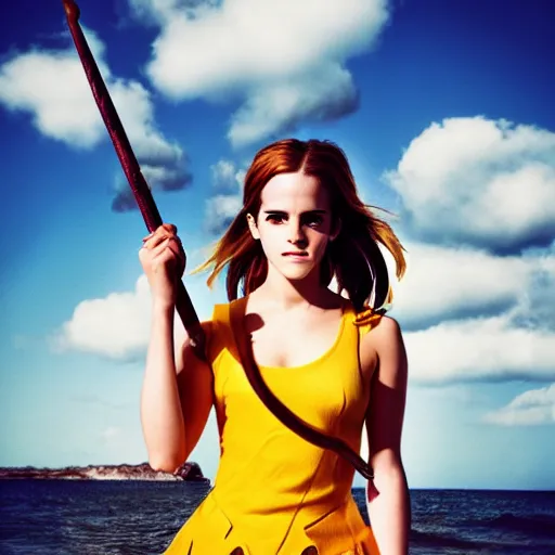 Image similar to a full body photo of emma watson as nami from one piece holding a trident in one hand, award winning photography, 50 mm, perfect faces.