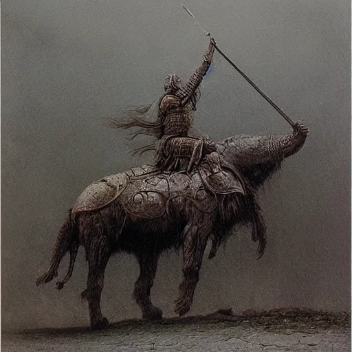 Prompt: ancient norse mammoth rider, wearing norse armor, beksinski