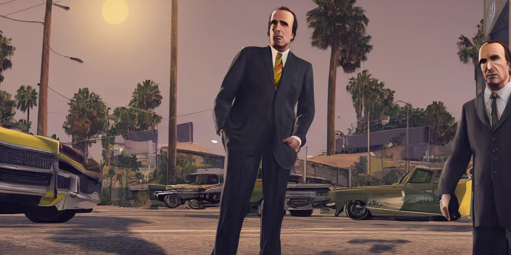 Prompt: saul goodman in gta v, cover art by stephen bliss, boxart, loading screen, 8 k resolution