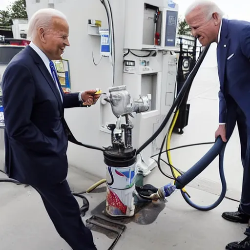 Image similar to gasoline being pumped into joe biden like a robot human car