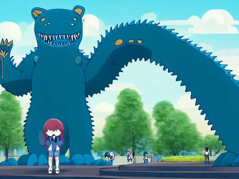 Image similar to adorable anthropomorphic gigantic cerulean furry leviathan monster in a park surrounded by a city, high high high quality