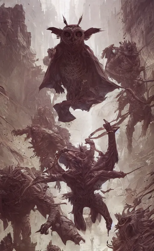 Prompt: the owl people are running away from the burning village, symmetrical face features, front game card, drark, marvel comics, dark, intricate, highly detailed, smooth, artstation, digital illustration by ruan jia and mandy jurgens and artgerm and wayne barlowe and greg rutkowski and zdislav beksinski