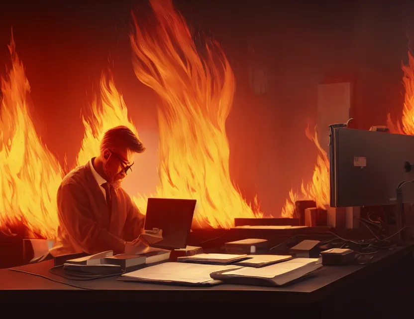 Image similar to a man works at a workstation in a very big office with burning fires, close up, featured in artstation, intricate, ultra detailed, unreal engine, concept art, wide - angle lens, sharp focus, illustration, 8 k