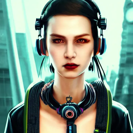 Image similar to female character cyberpunk wearing technological collar around neck, realistic, art, beautiful, 4K, collar, choker, collar around neck, punk, artstation, detailed, female, woman, choker, dark,