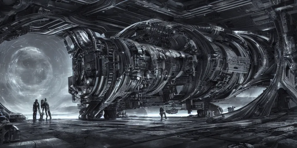 Image similar to prometheus movie, alien structures, industrial maintenance shuttle vehicle, sci - fi interior, technology, by h. r. giger, concept artwork 8 k render octane high definition