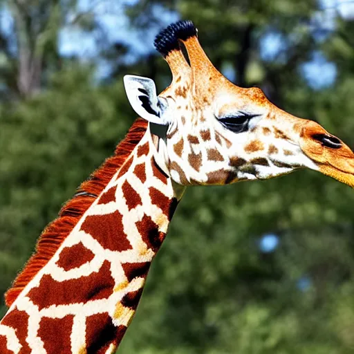 Prompt: giraffe with white feathers and orange bill