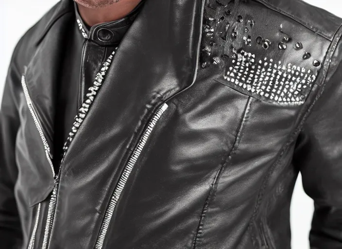 Image similar to product still of Black Panther signature leather jacket, black with silver panther teeth accents, 85mm f1.8