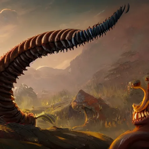 Image similar to a giant earthworm, worm monster, worm mouth, rock and dust, earthworm brown theme, bright art masterpiece artstation. 8 k, sharp high quality artwork in style of jose daniel cabrera pena and greg rutkowski, concept art by tooth wu, blizzard warcraft artwork, hearthstone card game artwork, earthworm rising from the ground