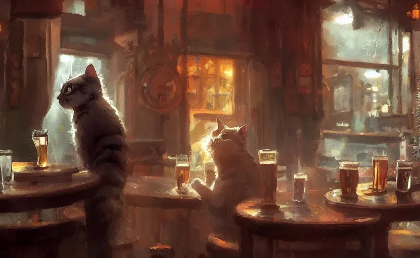 Image similar to a cat in a pub with beer, painting by craig mullins, octane rendering, soft morning lighting, wide angle lens, in the style of hayao miyazaki, trending on artstation,