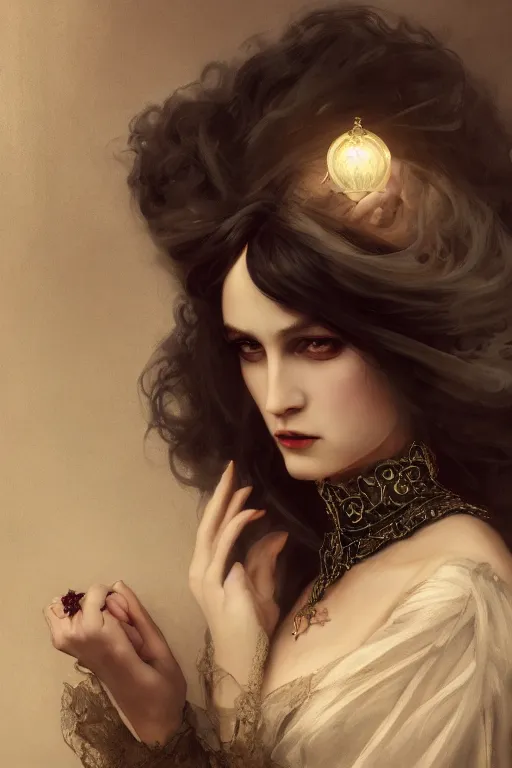 Prompt: a portrait of elegant beautiful dark bohemian vampire woman, bored, illustration, dramatic lighting, soft details, painting oil on canvas, art nouveau, octane render, HDR, 4k, 8k, HD, by Edmund Blair Leighton, Brom, Charlie Bowater, trending on artstation, faces by Tom Bagshaw, Sargent