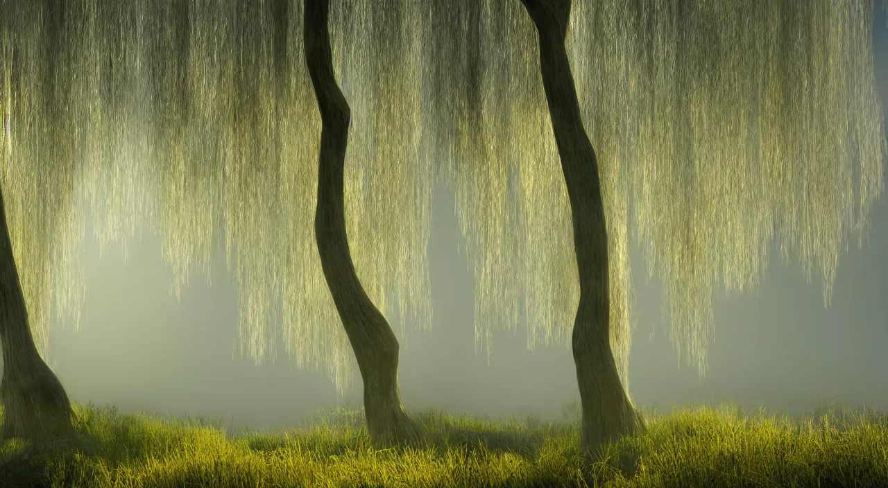 Image similar to photorealistic matte painting misty weeping willow overgrowth undergrowth jagged rock features volumetric fog light rays high contrast dawn mr burns