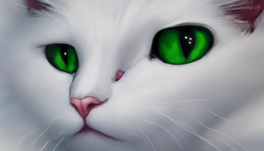 Image similar to hand painted white cat with green eyes, snow, hyperdetailed, artstation, cgsociety, 8 k