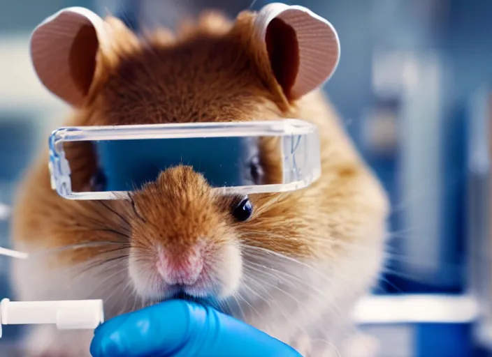 Prompt: film still of a hamster wearing goggles working in a research lab finding the cure for cancer, 8 k