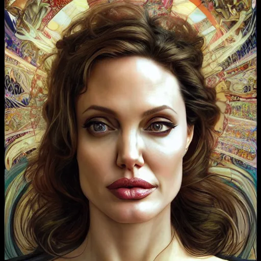 Image similar to Portrait of angelina jolie wearing fork, drawn by Donato Giancola and Tom Bagshaw, face by Artgerm, overall design by Alphonse Mucha, fork background by James Jean and Gustav Klimt, light by Julie Bell, 4k, porcelain skin, komorebi, french nouveau, trending on artstation, octane render, hyperrealistic