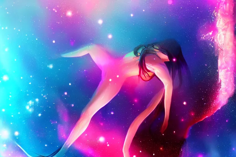 Prompt: silhouette of a girl suspended underwater with long hair, she's exploding into incredible stars and nebula, lens glare, dramatic abstract digital painting, trending on artstation