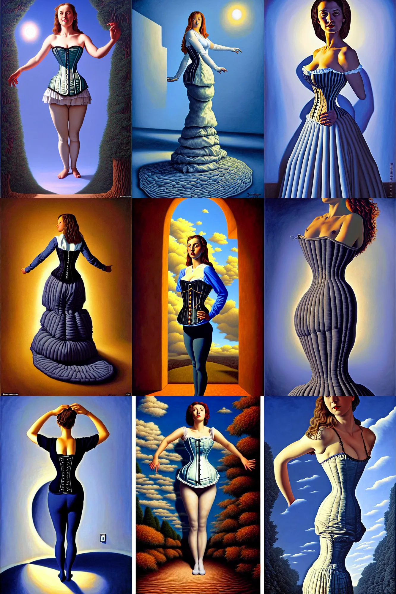 Prompt: a full body portrait of a woman on corset painted by rob gonsalves, surrealistic, good light, magical atmosphere.