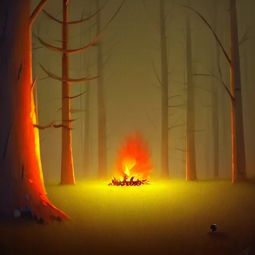 Prompt: goro fujita ilustration a dark forest illuminated by a large cozy bonfire, painting by goro fujita, sharp focus, highly detailed, artstation