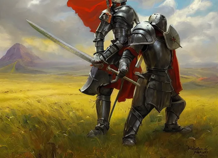 Prompt: a slayed knight with a sword through his back kneels in a cosmic grasslands by vladimir volegov and alexander averin and peder mørk mønsted and ross tran