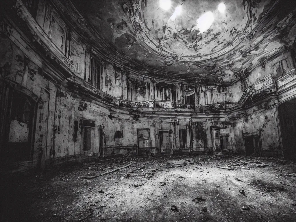 Image similar to photography of inside of an abandoned old opera fitlh and grim apex, creepy, dark atmosphere, ray of sun from the rooftop, wide angle, 1 6 mm lens fujifilm, grainy film