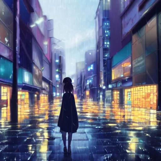 beautiful anime girl walking in rainy osaka city | Stable Diffusion ...