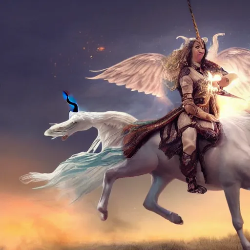 Image similar to photo of a beautiful angel warrior riding a unicorn into battle