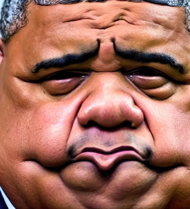 Prompt: close - up photograph of obese barack obama, double chin, triple chin, 8 k, 4 k, high quality