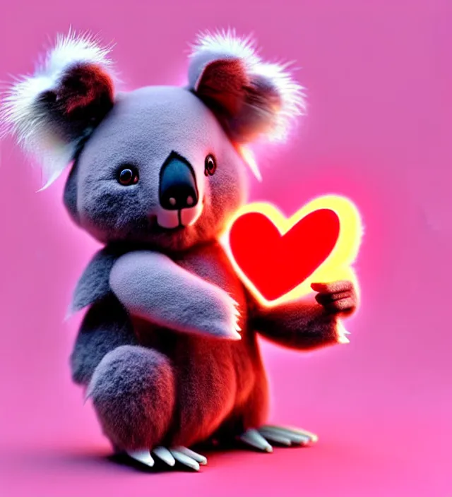 Image similar to high quality 3 d render hyperrealistic very cute small pink koala holding red heart, fog, steam, smoke, plush mascot, short spiky dense fluffy smooth hair, photo from the side, pink fluffy fur, 1 5 0 mm, beautiful natural soft light, rim light, smooth background, artstation, ultra detailed, elegant, ultra detailed, metallic armor, octane render