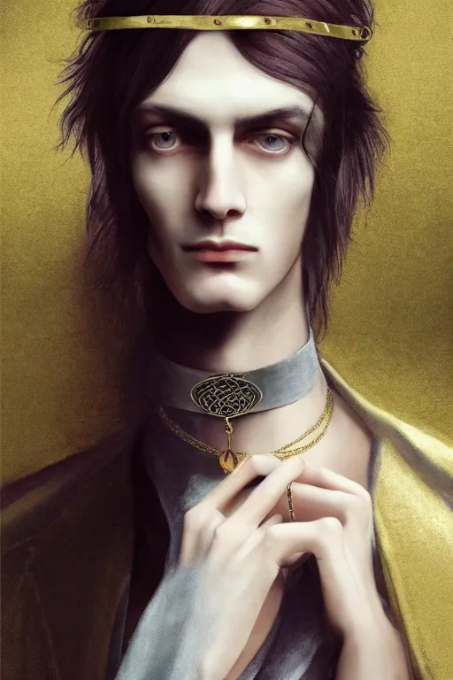 Image similar to a beautiful androgynous man, long hair, tall and thin, soft features, sly, dressed in velvet, rock star, wearing several pendants and a choker, illustration, dramatic lighting, soft details, painting oil on canvas, art nouveau, octane render, hdr, 4 k, 8 k, hd, by edmund blair leighton, brom, charlie bowater, faces by otto schmidt