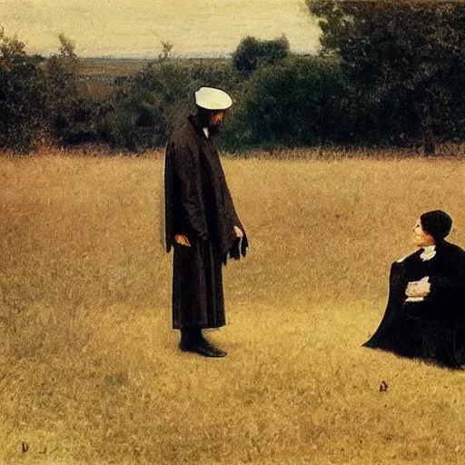 Image similar to a puritan priest preaching to some people in a field, 1 8 9 0 s, by francis davis millet