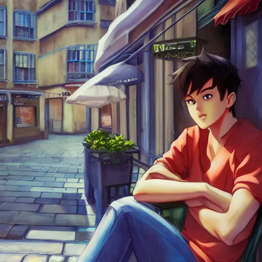 Prompt: a male teenager sitting on a cafe and looking to a window, artgerm, anime style, pixar and disney style, path traced, color painting, anatomically correct, cinematic, high coherence, highly detailed, high quality, serene scene, colorful, symmetrical, beautiful, elegant, short black hair, vintage, realistic and detailed face