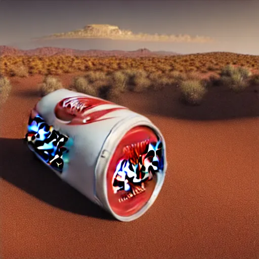 Image similar to a giant coca cola can in a desert,photorealiatic,hyperdetailed,hyperrealistic,studio lighting,studio photography,professional photography,professional lighting,detailed face,3 point lighting,4k,digital art,ultra realistic,ultra detailed,art by greg rutkowski,eerie,mysterious