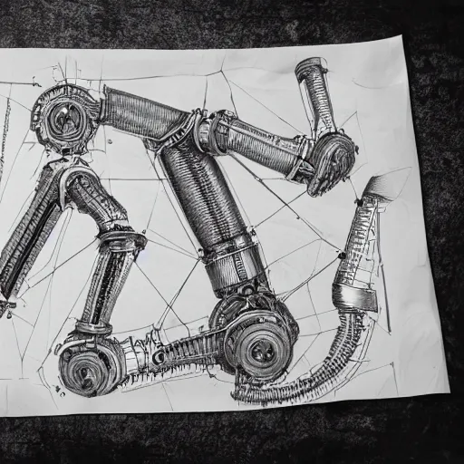 Image similar to intricate full page drawing concept of a mechanical human arm, technical design sheet, hyper detailed, ultra detailed technical precision, crumpled old paper