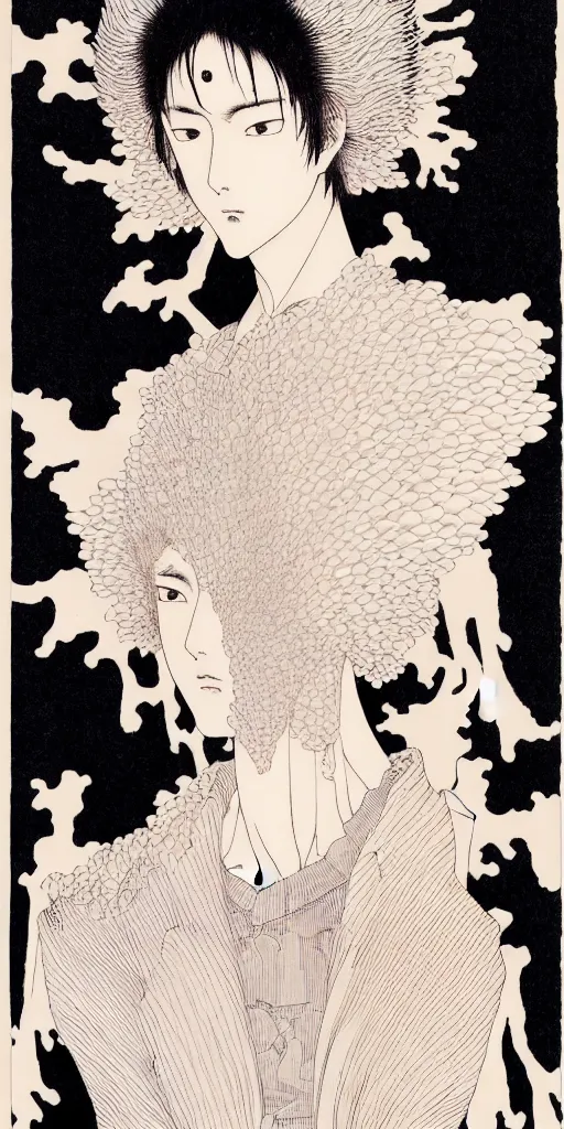 Prompt: prompt: Fragile looking figure, portrait face drawn by Takato Yamamoto and Katsuhiro Otomo, full body character drawing, inspired by Evangeleon and Akira 1988, clean ink detailed line drawing, intricate detail, manga 1980, portrait centric composition