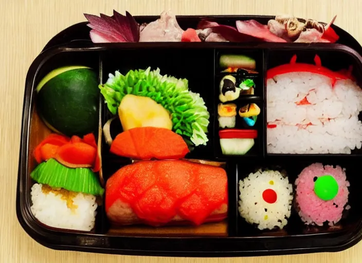 Prompt: photo of a japanese bento box from above. It is completely normal except it has human eyeballs in it.